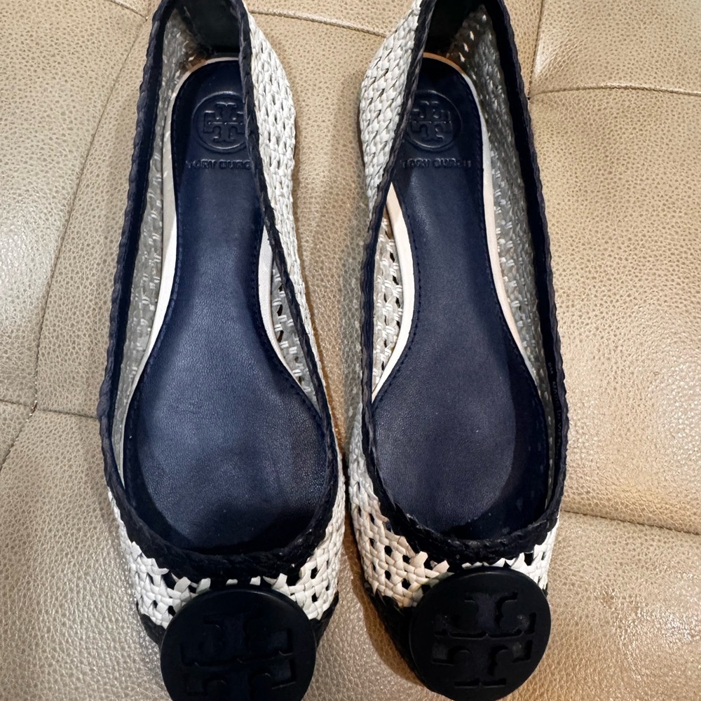 Tory Burch Woven Blue and White flats